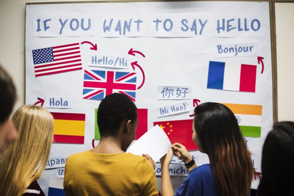 Teenager people at the national flags board